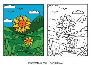 Cute sunflower in beautiful landscape coloring page for kids drawing education. Simple cartoon illustration in fantasy theme for coloring book