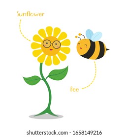 Cute sunflower and bee character in kawaii style