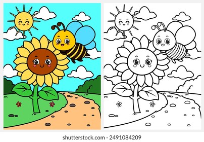 Cute sunflower with a bee coloring page for kids, summer coloring pages for kids