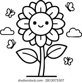 Cute sunflower with butterflies and clouds black and white line art illustration