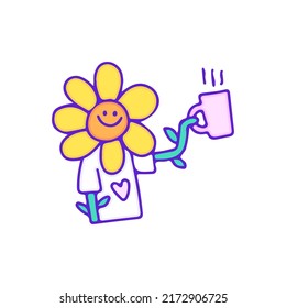 Cute sunflower character drink cup of coffee, illustration for t-shirt, sticker, or apparel merchandise. With doodle, retro, and cartoon style.