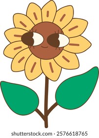 Cute sunflower character with smiling face and green leaves
