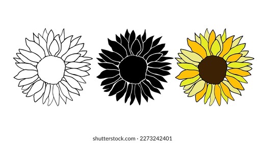 Cute sunflower decor for surface decoration. Hand drawn floral vector element set, isolate on white background 