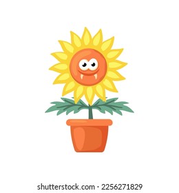 Cute sunflower with fangs vector illustration. Cartoon drawing of funny spooky Halloween character in flowerpot isolated on white background. Halloween, fantasy concept