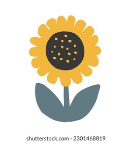 Cute sunflower in folk Scandinavian style, isolated vector illustration. Adorable design element for craft products packaging, children goods and cards