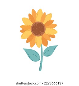 Reine Sonnenblume mit grünen Blättern.  Vektorgrafik in Flachstil
