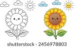 Cute sunflower with happy face cartoon character coloring page vector illustration.  