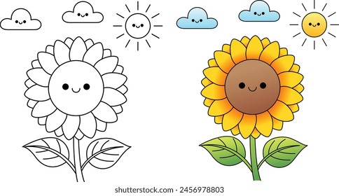 Nette Sonnenblume mit glücklichem Gesicht Cartoon Charakter Färbung Seite Vektorillustration.  