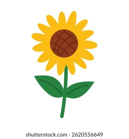Cute sunflower illustration in flat cartoon style. Bright yellow petals, green leaves and brown center. Simple cheerful floral vector for summer, eco and seasonal design.