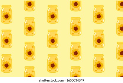 Girasol en el tarro vintage. Fondo tropical en verano. Papel tapiz botánico. Puede utilizarse para textiles, pantalones,prendas de vestir,superficie