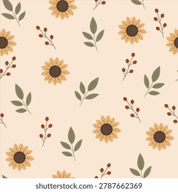 Cute sunflower and leaf seamless pattern in flat vector style for autumn projects.