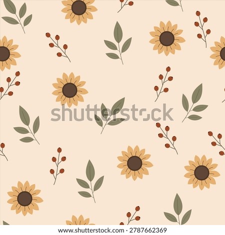 Cute sunflower and leaf seamless pattern in flat vector style for autumn projects.