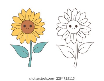 El contorno de girasol. Dibujo de contorno minimalista. Colorante de página. Ilustración vectorial en estilo plano