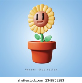 cute sunflower in the pot with 3d vector illustration