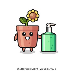 cute sunflower pot cartoon with hand sanitizer , cute style design for t shirt, sticker, logo element