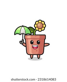 cute sunflower pot illustration holding an umbrella , cute style design for t shirt, sticker, logo element