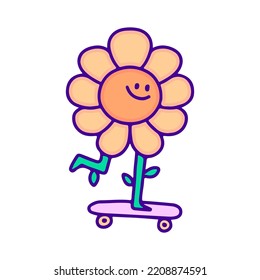 Cute sunflower riding skateboard doodle art, illustration for t-shirt, sticker, or apparel merchandise. With modern pop style.