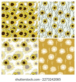 Cute sunflower seamless pattern set for surface decoration. Hand drawn floral vector elements