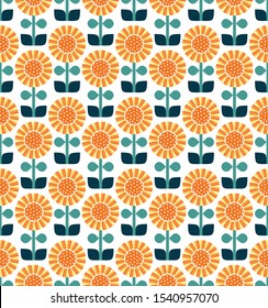 Cute sunflower seamless repeat seamless pattern. Yellow, orange, blue, green.