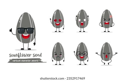 cute sunflower seed cartoon with many expressions. food different activity pose vector illustration flat design set with sunglasses.