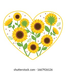 The cute sunflower in shape of heart on the white background in flat vector style. illustation about wedding and flower.