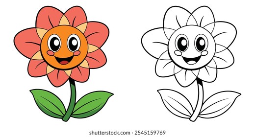 Lindo Girasol Sonrisa Dibujos Animados Para Colorear Páginas Para Niños. Fácil libro para colorear de flores imprimible. Ilustración vectorial de dibujos animados de girasol