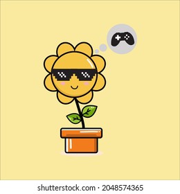 Cute Sunflower thinking about game character, Premium Vector