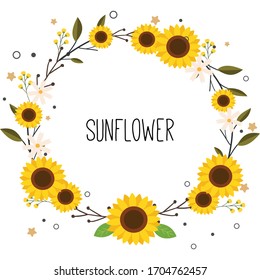 The cute sunflower with white flower with flowerring on the fream and text of sunflower. illustation of flower wreath for content and graphic, wedding, greeting card.