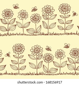 Cute sunflowers and bees doodle seamless pattern