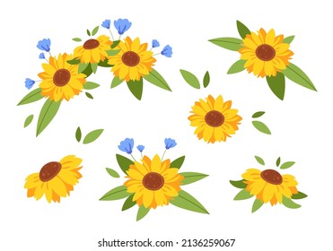 Cute sunflowers bouquet, flower wreath. Sunflowers collection. Vector illustration