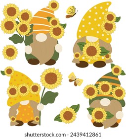 Cute Sunflowers Gnomes Collection - Hand Drawn Elements Vector Illustration for Decorative Invitation, Greeting Card, Birthday, Party, Celebration, Wedding, Poster, Banner, Textile, and Wallpaper