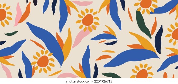 Cute sunflowers and leaves colorful pattern. Abstract art nature background vector illustration. Botanical design for banner, wall art, cards, prints and fabrics