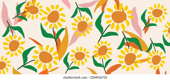 Lauben Sie Sonnenblumen und Blätter bunten Muster. Abstrakte Kunst, Naturhintergrund, Vektorgrafik. Botanisches Design für Banner, Tapeten, Karten, Drucke und Stoffe