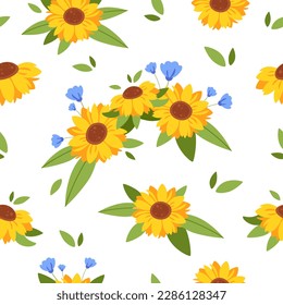 Flores solares sin costura. Ramo de girasoles, corona, floral. Ilustración del vector