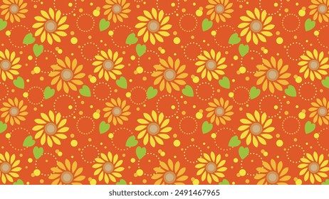 Cute sunflowers seamless pattern with orange background