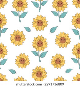 Cute sunflowers seamless pattern. Trendy retro cartoon Sunflower character. Vector illustration in flat style