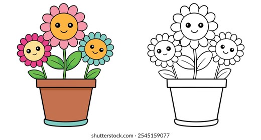 Lindos Girasoles Sonrisa En Olla Dibujos Animados Para Colorear Para Los Niños. Fácil libro para colorear de flores imprimible. Ilustración vectorial de dibujos animados de girasol kawaii