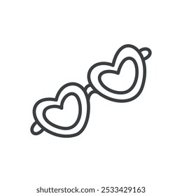 Cute sunglasses icon. Hand drawn monochrome illustration of a heart-shaped glasses isolated on a white background. Kawaii St. Valentine day concept. Vector 10 EPS.