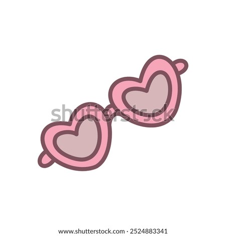 Cute sunglasses icon. Hand drawn illustration of a pink heart-shaped glasses isolated on a white background. Kawaii St. Valentine day sticker. Vector 10 EPS.