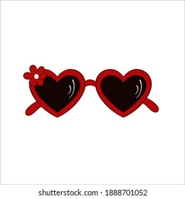 Cute sunglasses red glasses in the shape of a heart, decorated with a white flower. Vector illustration in flat style, isolated on a white background. Fashionable women's accessory.