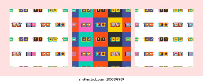 Cute of sunglasses. Set of three Hand drawn vector Seamless Patterns. Background, Wallpaper. Vector illustrations.