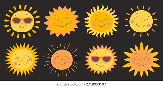 Personajes soleados lindos con caras sonrientes y diferentes rayos sobre un fondo oscuro. Una colección de iconos vectoriales para el Clima de verano.