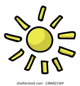 Cute sunny day cartoon vector illustration motif set. Hand drawn weather element blog icons. Summer graphics. Morning web buttons.