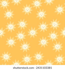 Cute sunny print, smiling suns seamless pattern on yellow background. Vector design for kids.