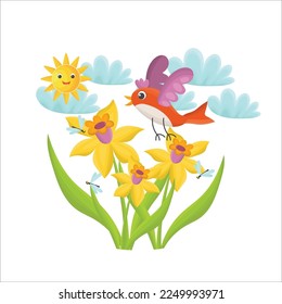 Cute sunny scene with bird flying under daffodils. Spring concept. Flat cartoon style. Sun, clouds, summer weather. 