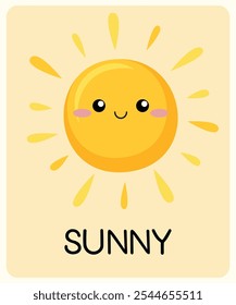 Cute Sunny weather learning card. Emotions Children's educational cards. Cartoon vector illustration.