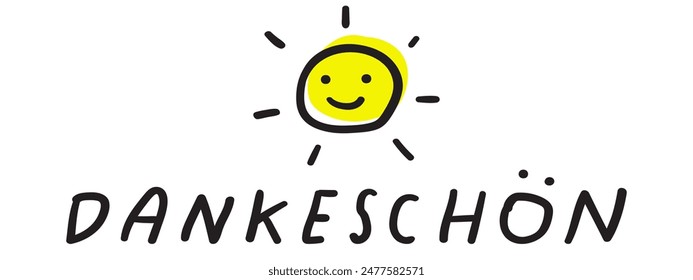 Cute sunny. Word Dankeschön. It's mean thank you in German.   Vector illustration on white background. 