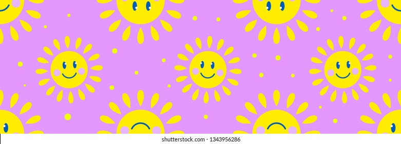 Cute suns, cute hipster pink pattern for children’s clothes with kawaii yellow funny suns. Linear style, cartoon character suns.