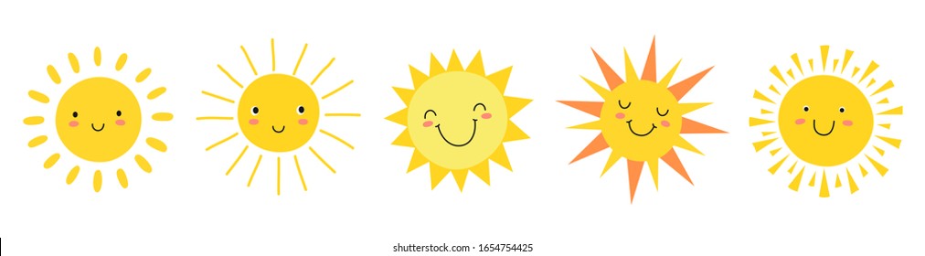 Cute suns. Sunshine emoji, cute smiling faces. Summer sunlight emoticons and morning sunny weather. Isolated funny smileys vector icons