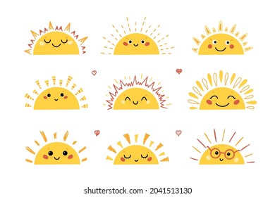 Cute Sunset Sunrise and Smiling Face for Kids Design  Doodle Funny Half Sun Icons Vector Set